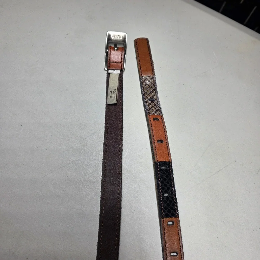 Fossil Snakeskin Patchwork Leather Skinny Belt Brown Tan Black Size Medium M